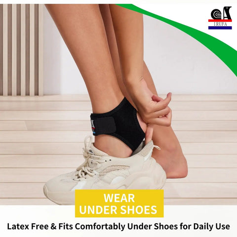 Achilles Tendon Support Ankle Wrap with 3D breathable knit worn under running shoe for plantar fasciitis relief.