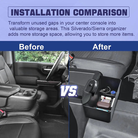 Installation comparison of Center Console Hanging Organizer Box Fits 2019 To 2026 Chevy Silverado And GMC Sierra 1500 And 2020 To 2026 Silverado 2500HD And 3500HD Split Bench Seats Not For Bucket Seats Armrest Tray Storage