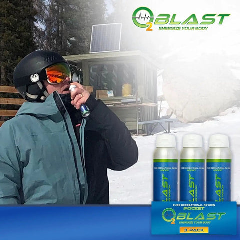 Person using Pure Oxygen Canister For Quick Recovery And Sharp Focus, 4L Portable Oxygen, 3 Pack with Flip Top Cap in snowy setting.