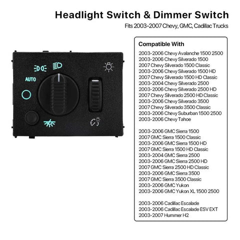 Direct Swap Dashboard Headlight Control Switch Plug And Play For Your Rig Heavy Duty Instrument Panel Dimmer Button Assembly Fits 2003 To 2006 Chevy Silverado Suburban Tahoe Gmc Sierra close-up view showing controls and compatibility details.
