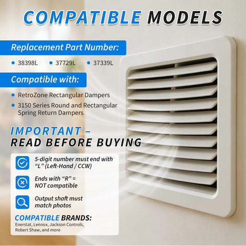 Image displaying compatibility info for 24V Synchronous Damper Motor for RetroZone Dampers, Left-Hand Rotation, Easy Swap models.
