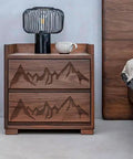 Super Slick Mountain Range Router Template Hella Thick Clear Acrylic Charcuterie Stencil For Awesome Woodworking Builds Pretty Tough Kitchen Cutting Board Pattern Jig on a wooden nightstand.