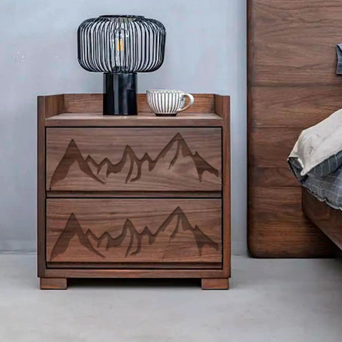 Super Slick Mountain Range Router Template Hella Thick Clear Acrylic Charcuterie Stencil For Awesome Woodworking Builds Pretty Tough Kitchen Cutting Board Pattern Jig on a wooden nightstand.