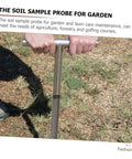 Person using Stainless Steel Soil Sampler Probe With T Handle Contractor Grade Lightweight And Durable Tool For Lawn Garden And Farm Use Long Reach Design For Easy Core Sampling And Soil Testing in a grassy area