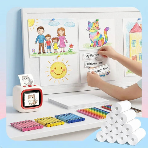 Kids Instant Camera Print Refills Pack, 57x25mm Thermal Paper Rolls For Mini Printers, Safe Durable Photo Paper For Lil Snaps, Easy Peel Print Quality, 10 Roll Bundle For Fun Family Moments. 10 white thermal rolls stacked with kid drawings.