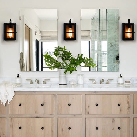 Set Of Two Farmhouse Wall Sconces With Modern Industrial Vibe, Matte Black Finish And Faux Wood Backing in bathroom setting