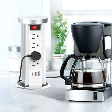 Pop Up Power Outlet With Wireless Charging Station, Hidden Countertop Outlet For Kitchen Island And Desk next to coffee maker
