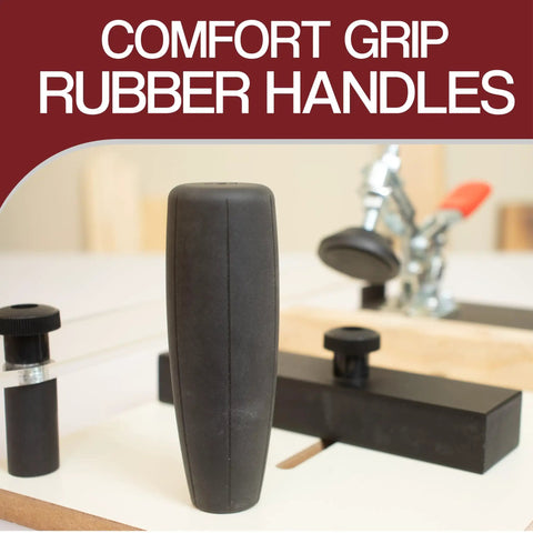Pro Rail Guide Coping Sled with comfort grip rubber handles visible on router table for precise clean joints