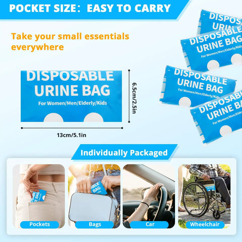 900Ml Portable Disposable Urine Bags 12 Pack For Travel And Car Rides Unisex Pee Bags size dimensions and uses shown.