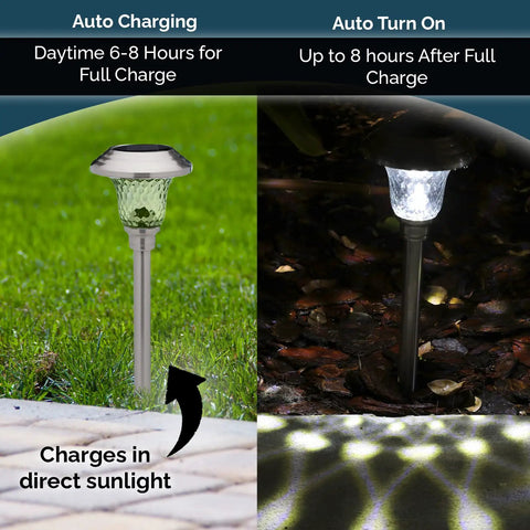 LED Solar Powered Outdoor Landscape Path Lights With Stainless Steel And Glass Lens, day and night view, IP44 Waterproof.
