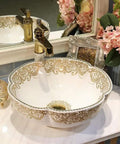 USZWBY Bathroom Vessel Sink, Countertop Basin Ceramic Sink, round white sink with gold floral design and faucet