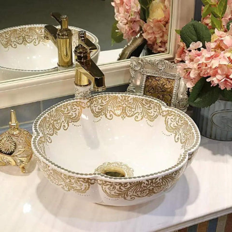 USZWBY Bathroom Vessel Sink, Countertop Basin Ceramic Sink, round white sink with gold floral design and faucet