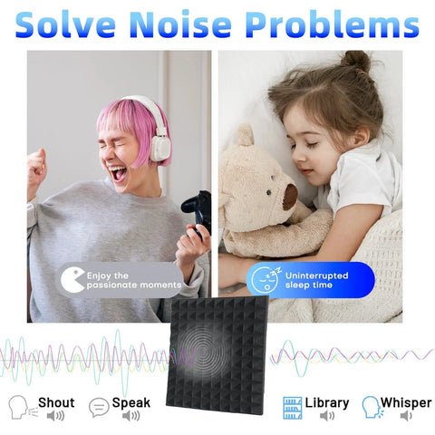 Thirty Six Pack Black Pyramid Acoustic Foam Panels 12 By 12 By 1 Inch for reducing noise in streaming rooms and sleep spaces.