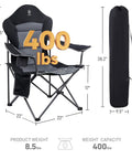 Oversized Folding Camping Chair With High Back Padded Comfort, dimensions shown, includes carrying bag, 400 lb capacity.