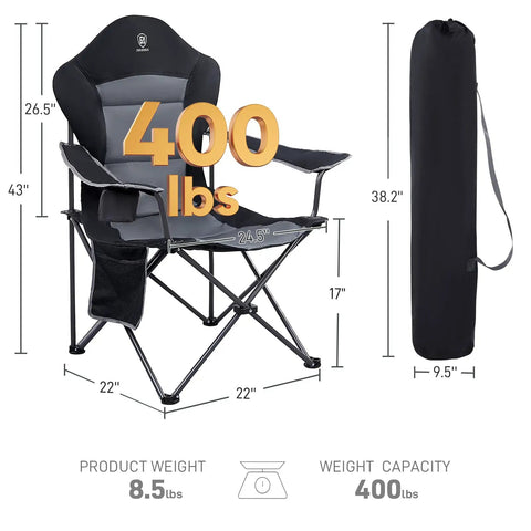 Oversized Folding Camping Chair With High Back Padded Comfort, dimensions shown, includes carrying bag, 400 lb capacity.
