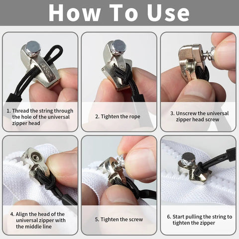 Instructions for using Universal Zipper Repair Kit With 3 Slider Sizes And 6 Replacement Pulls For Jackets Luggage Backpacks And Bags Fast Install Detachable Heads For Open End Closed End And Invisible Zippers Silver Small, showing step-by-step repair process.