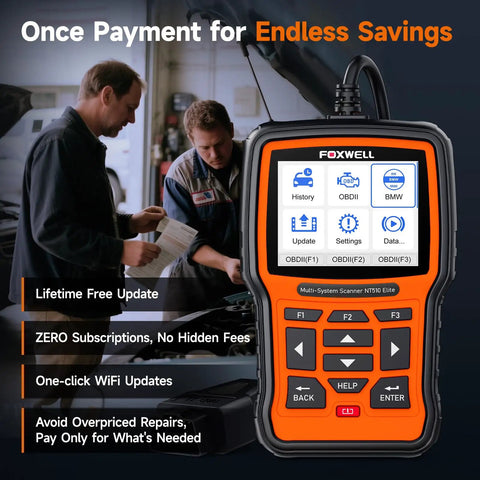 NT510 Elite Scan Tool For BMW Mini Rolls Royce Full Diagnostic Tool OBD2 Scanner with mechanics in background