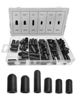 Vacuum Cap Kit For Car Repairs With 105 Piece Rubber Hose End Caps in assorted sizes, including detailed view of six diameters.