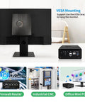 Core I5 1240P Mini Pc Built Tight For Rip Roaring Network Tasks With Dual Ten Gbe Sfp Firewall And Quad Point Two Five Gbe Lan Ports For Slick Home Lab Routing Delivering Badass Speed With Ddr5 32G Ram And 1Tb Ssd, showing VESA mounted monitor and mini PC.