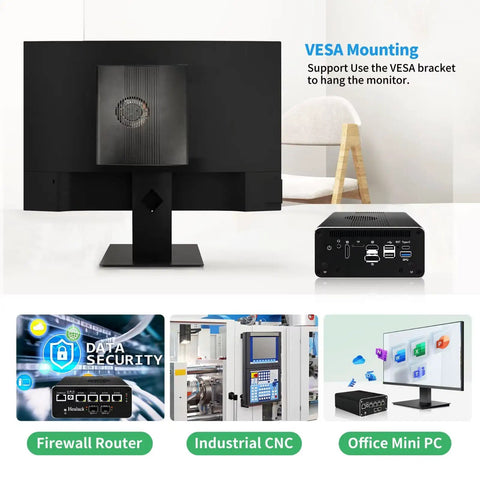 Core I5 1240P Mini Pc Built Tight For Rip Roaring Network Tasks With Dual Ten Gbe Sfp Firewall And Quad Point Two Five Gbe Lan Ports For Slick Home Lab Routing Delivering Badass Speed With Ddr5 32G Ram And 1Tb Ssd, showing VESA mounted monitor and mini PC.
