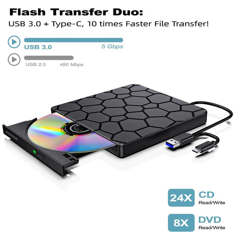 Go To External CD DVD Drive For Laptops With USB 3.0 And Type C 2 In 1 Portable CD Burner And DVD Player Plug And Play CD Reader Writer For MacBook Pro Air Windows 11 10 7 Linux Ultra Slim Optical Drive, black