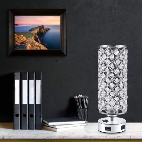 Crystal Bedside Lamps Set Of 2 With Dual USB Charging Ports Modern Nightstand Table Lamps For Bedroom And Living Room Glam K9 Crystal Decor Easy Install Perfect For Home Office on desk with books and photo.