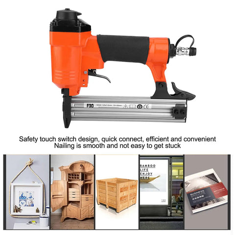 Badass Industrial Grade Heavy Duty Pneumatic Air Brad Nailer And Straight Nail Gun showing safety touch switch design and efficient connection.