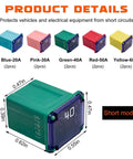 Image of 10 Pack Car Square Fuses Low Profile Box Kit All In One With 20A 30A 40A 50A 60A Micro Cartridge Fuses in multiple colors.