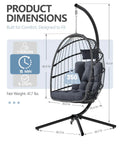 Diagram of Cozy Outdoor Egg Chair With Stand, Wicker Hanging Swing Chair With Cushion, 350 Lb Weight Capacity, dimensions labeled.