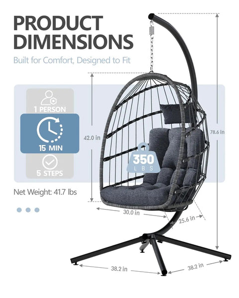 Diagram of Cozy Outdoor Egg Chair With Stand, Wicker Hanging Swing Chair With Cushion, 350 Lb Weight Capacity, dimensions labeled.