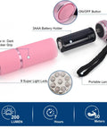 4 Pack Mini LED Flashlights With Straps, Aluminum Pocket Lights That Glow In The Dark, pink flashlight layout and features