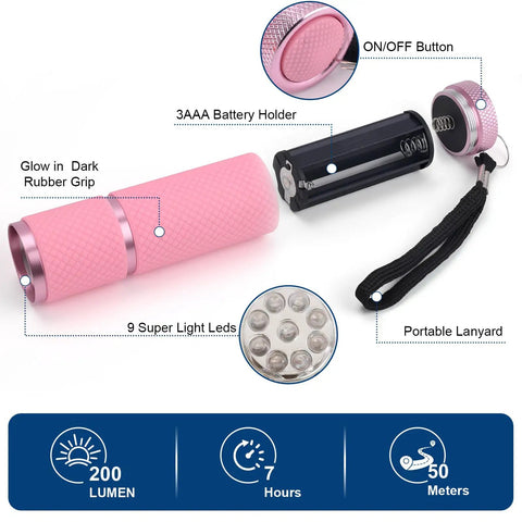 4 Pack Mini LED Flashlights With Straps, Aluminum Pocket Lights That Glow In The Dark, pink flashlight layout and features