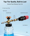 Foam Cannon For Pressure Washer With Wide Neck And Adjustable Nozzle Snow Foam Blaster For Car Wash 1/4 Inch Quick Connector 1 L Clear Bottle 1000-3000 PSI Not For Garden Hoses with components labeled on blue background.