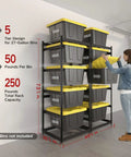 Heavy Duty 5 Tier 27 Gallon Tote Storage Rack Organizer For Garage And Warehouse, Adjustable Cradles And Rail Extensions, 250 Lb Capacity, Space Saving Bin Shelves, Totes Not Included on steel frame