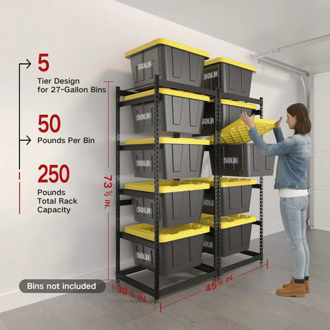 Heavy Duty 5 Tier 27 Gallon Tote Storage Rack Organizer For Garage And Warehouse, Adjustable Cradles And Rail Extensions, 250 Lb Capacity, Space Saving Bin Shelves, Totes Not Included on steel frame