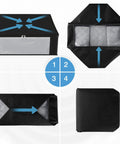 Four views of Three Pack Foldable Clothes Storage Bags With Large Clear Window And Sturdy Handles 35L Black For Closet Dorm Pillows Bedding Clothes And Blankets Great For Small Spaces.