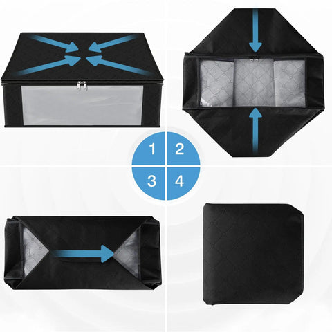 Four views of Three Pack Foldable Clothes Storage Bags With Large Clear Window And Sturdy Handles 35L Black For Closet Dorm Pillows Bedding Clothes And Blankets Great For Small Spaces.