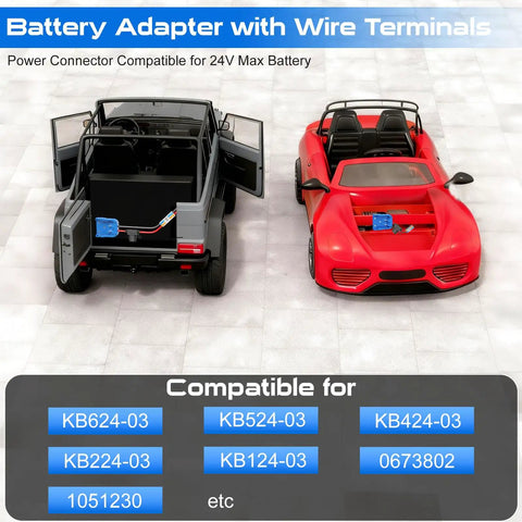 Image of Beefed Up Power Ride Wheel Adapter for 24V Battery with models of RC trucks and cars, showing compatibility list.