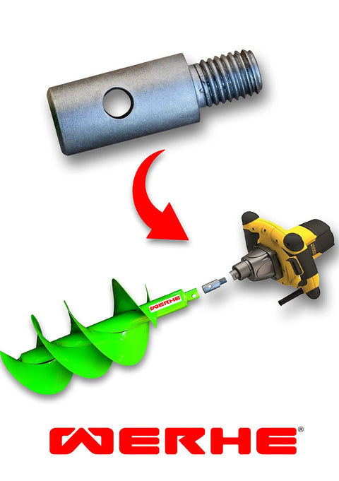 Go-To Earth Drill Adapter With M14 Thread For Concrete Mixers and Auger Drills, shown with green auger and wrench