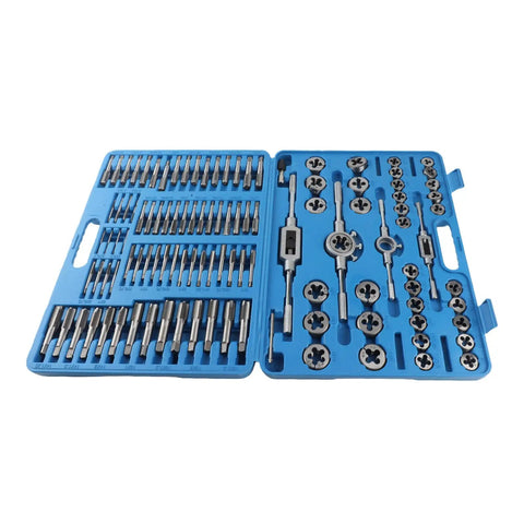 Ultimate 110 Piece Carbon Steel Metric Thread Tap And Die Set With Adjustable Wrenches For Hand Tapping Bolt Threading Male Female Nut Cutting Tools Perfect For Mechanics open blue case with taps and dies