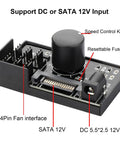 4 Pin 12V PWM Fan Controller Hub with adjustable speed knob and SATA DC 5525 input for six PWM fans, showing ports and settings