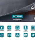 Heavy Duty Tarp 6x8 Foot Waterproof Tarpaulin With Grommets, 20mil Thick Rip Proof Cover, UV protection icons visible