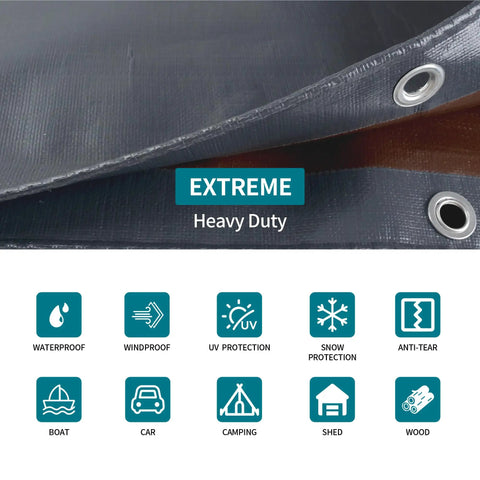 Heavy Duty Tarp 6x8 Foot Waterproof Tarpaulin With Grommets, 20mil Thick Rip Proof Cover, UV protection icons visible