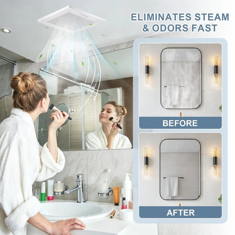 Heavy Duty 120 CFM Bathroom Exhaust Fan Ceiling Mounted 8X8 Inch shown in bathroom, effectively clearing steam and odors.