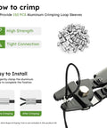 Close-up of 150 aluminum crimp sleeves and a crimping tool for Black Vinyl Coated Wire Rope One Sixteenth Inch 328 Feet Stainless Steel Cable With 150 Aluminum Crimp Sleeves For String Lights Clotheslines Trellis And Picture Hanging Easy Install.