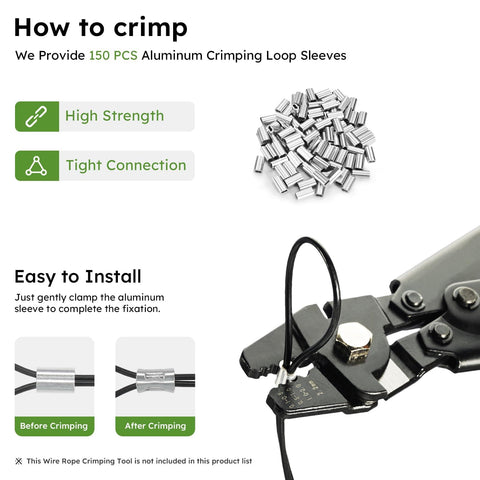 Close-up of 150 aluminum crimp sleeves and a crimping tool for Black Vinyl Coated Wire Rope One Sixteenth Inch 328 Feet Stainless Steel Cable With 150 Aluminum Crimp Sleeves For String Lights Clotheslines Trellis And Picture Hanging Easy Install.