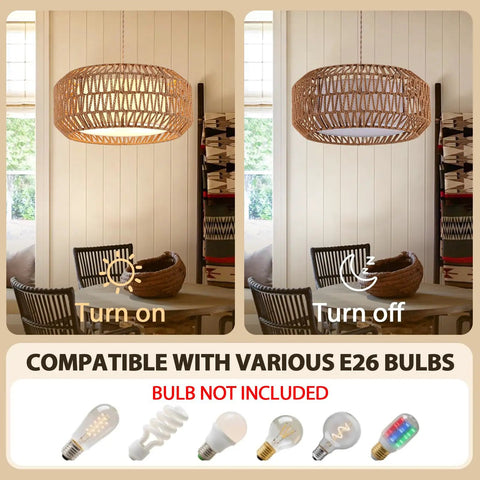 18 Inch Plug in Pendant Light, Boho Hanging Lamp with 15.7FT Light Cord in lit and unlit settings, showcasing bulb compatibility.