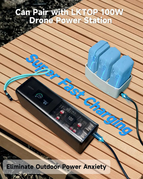 All In One 65W Fast Charge Drone Charging Hub For DJI Flip Drones, Three Battery Power Kit on wooden surface