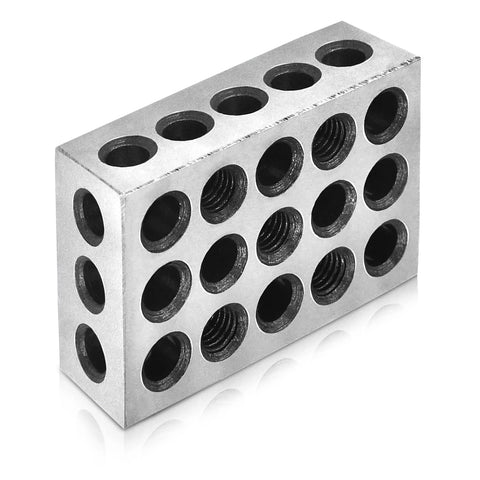 Angled front view of aluminum 1-2-3 precision block with 23 threaded holes for jig setup and inspection