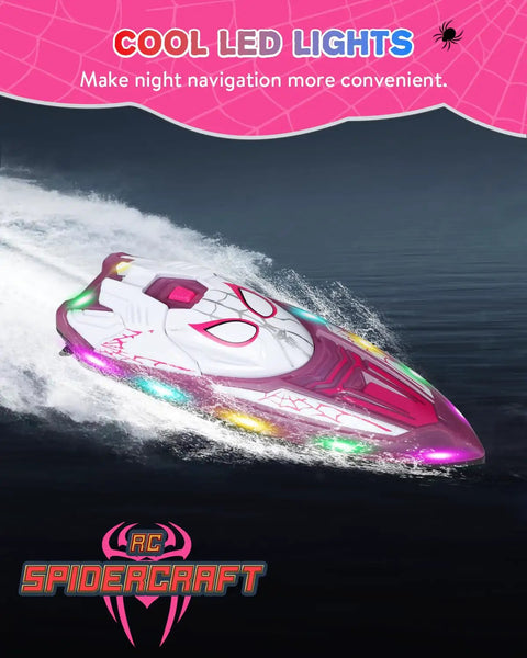 Spider Hero RC Boat With LED Lights, Spray Function, 2.4GHz Remote, racing on water with colorful LED lights